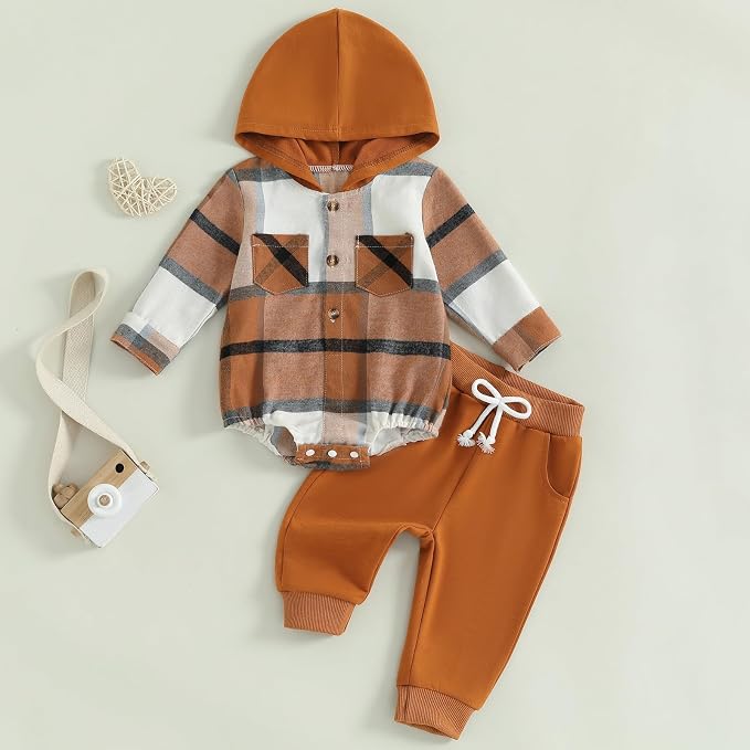 Douhoow Infant Baby Fall Clothes Boy Girl Plaid Hoodie Sweatshirt Romper - Image 2