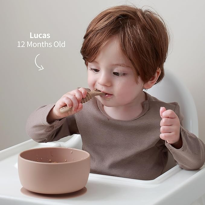 SAMiGO Silicone Baby Bowl and Spoon Set with Suction and Lid, First Stage Self Feeding Essentials, Food Bowl for 6+ Months