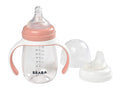 BEABA 2-in-1 Baby Bottle to Transition Sippy Cup, No Spill Sippy Cup, Includes Removable Handles, Silicone Baby Bottle Nipple and Soft Spout, 7 oz (Rose)