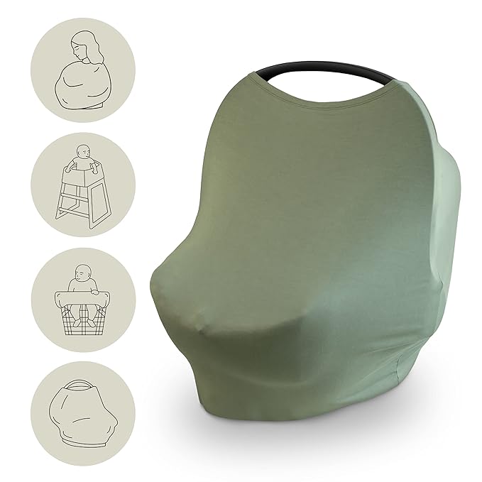 mushie Baby Car Seat Canopy Cover | Breathable & Stretchy Multi Use Cover for Breastfeeding, Nursing, High Chair, Shopping Cart, Strollers (Dried Thyme)