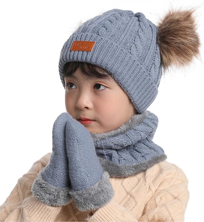 Duoyeree Baby Winter Hat Scarf Glove Beanie Set Girls Boys Pom Pom Knitted Beanie Mitten Scarves for Toddler 0-3T