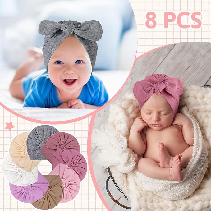 Suhine 8 Pcs Preemie Hats for Baby Girls Boys Cotton Premature Knot Hats - Image 3