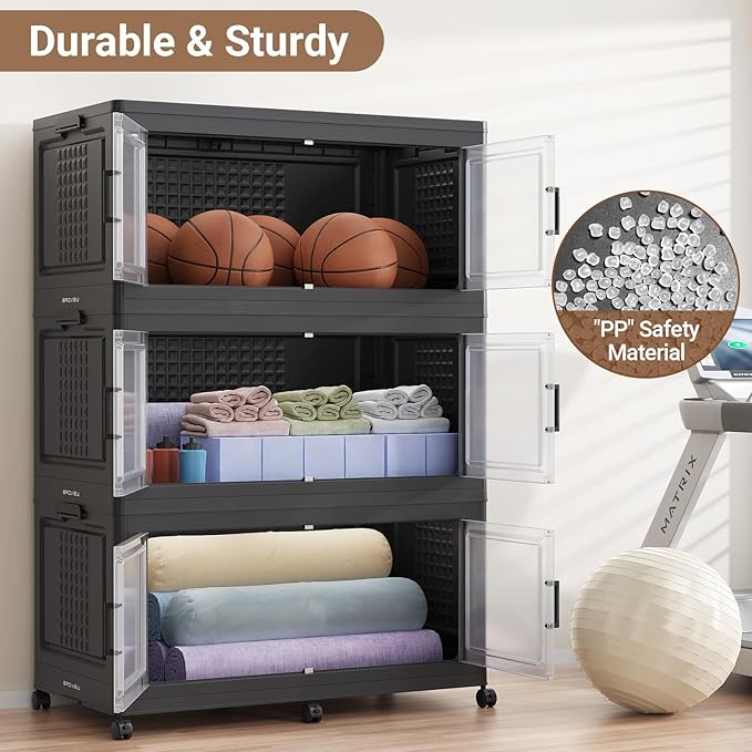 BROVIEW 600Qt Plastic Storage Bins with Lid and Wheels, 3Pack Extra Large Stackable Storage Bins with Dividers,Closet Organizers and Storage Cabinet Collapsible Box Shelves for Home Kitchen,Black