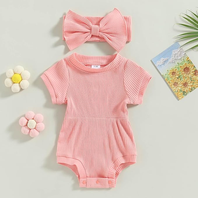 FOCUSNORM Baby Girl Summer Clothes Ribbed Short Sleeve Romper Solid Color - Image 2