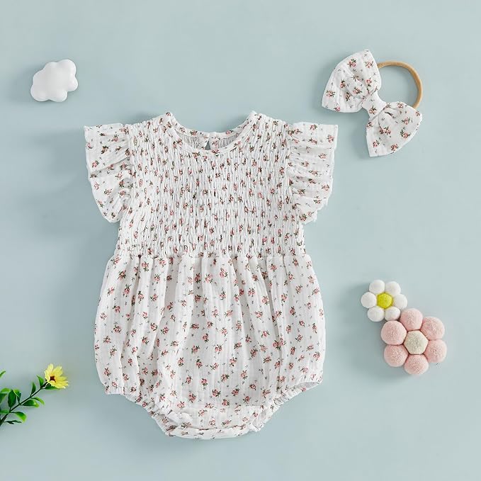 Kavousa Newborn Baby Girl Clothes Summer Bubble Romper Headband Outfit - Image 7