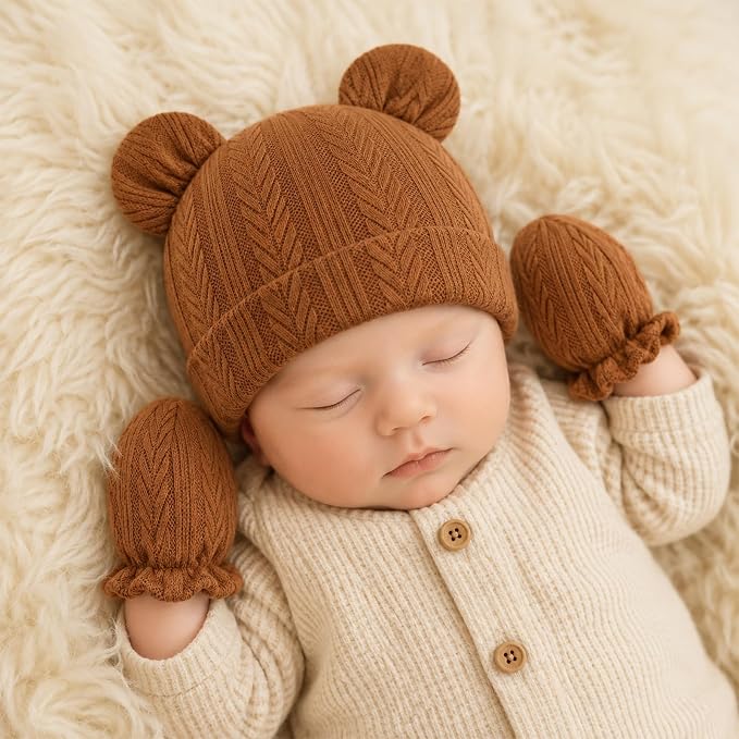 Newborn Baby Hats Bear Ears and Mittens Sets Preemie Toddler Infant Caps Baby - Image 5