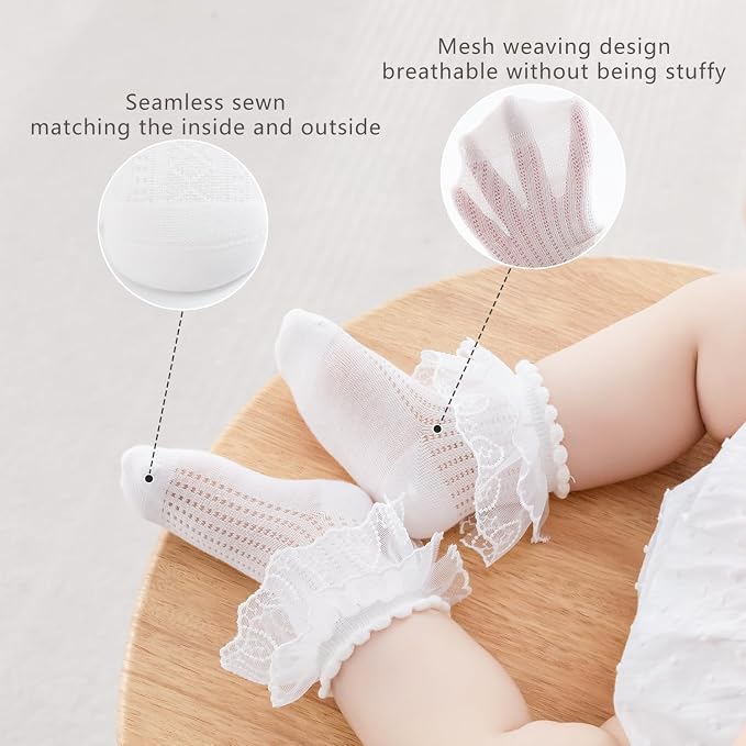 Baby Girls Socks with Bow Infant Breathable Mesh Ruffle Lace Sock - Image 5