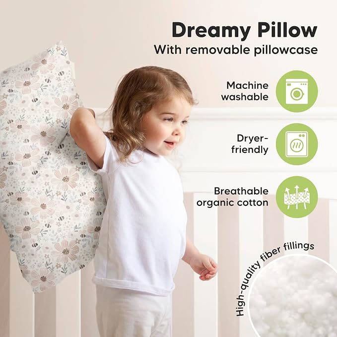 KeaBabies Toddler Pillow with Pillowcase, Jumbo 14X20 - Soft Organic Cotton Toddler Pillows for Sleeping - Machine Washable - Perfect for Travel, Toddler Bed Set (Flora Vale)