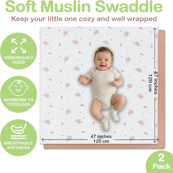 100% Organic Cotton 2 PK Muslin Swaddle Blanket Boy Gift 47x47 in | Oeko-TEX - Image 5