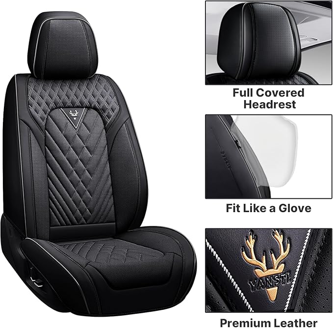 Car Seat Cover Full Set, Waterproof Leather Seat Cover,Front Auto Seat Cover, Breathable Car Seat Cushion, Full Coverage Car Seat Protector Universal Fit Most Cars (2 Seat,Black)