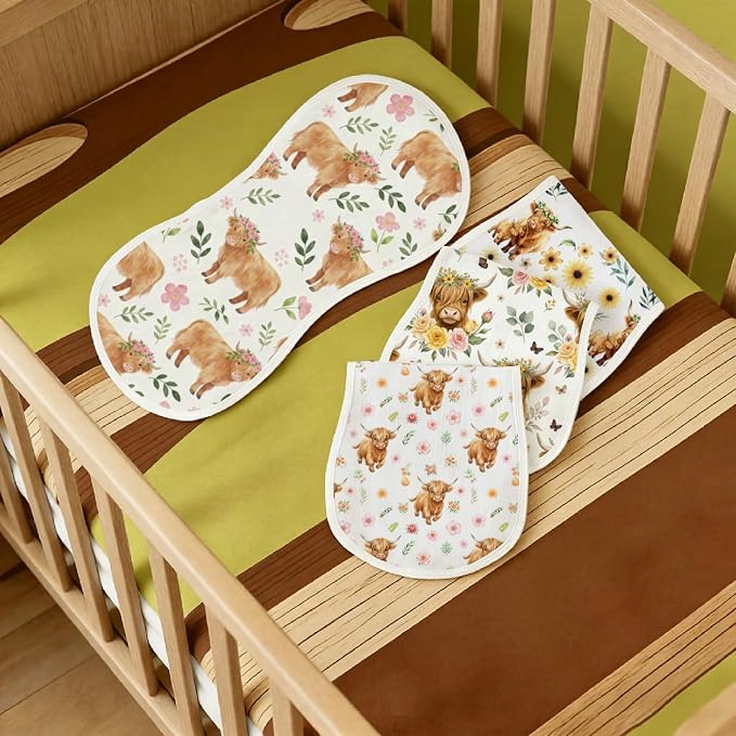 6 Pack Baby Burp Cloths for Boys Girls, Soft Cotton, Highland Cow Floral Theme - Image 2