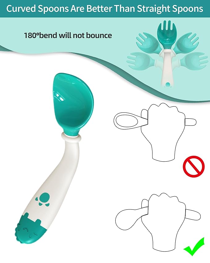 Deejoy Toddler Utensils, Self-feeding Flatware Set withTravel Case, Baby Spoons and Forks with Silicone Bendable Handle, Easy Grip Heat-Resistant, Ideal for Kids, Stage 2 (Green)