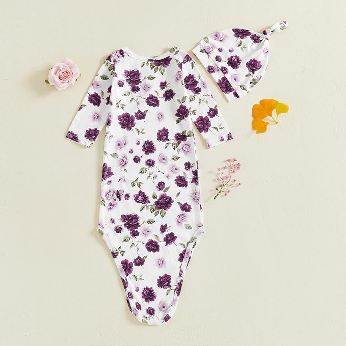 Newborn Baby Girl Floral Sleep Gown Headband Sleepwear Outfit - Image 3