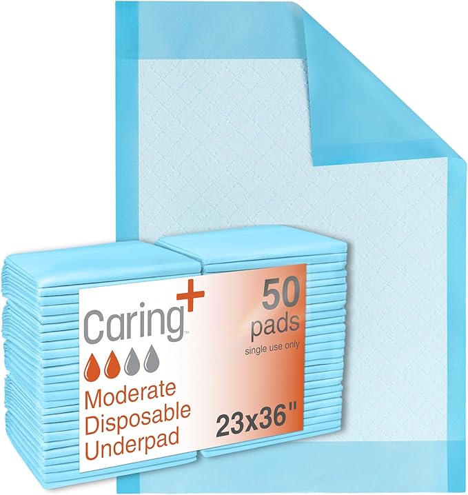 Caring Disposable Underpads 23 x 36 in, Moderate Absorbency Bed Pads, Chucks Pads, Puppy Pads, Baby Changing Pads, Incontinence Underpads for Adults, Pets, Babies, 25 Count Pack
