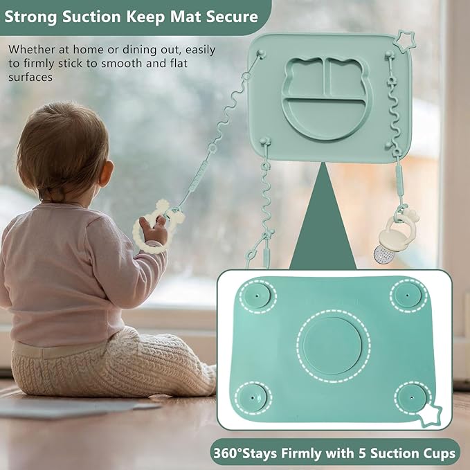 2 Pack Silicone Baby Placemats with Non-Slip Strong Suction Base and Anti-Drop 8 Stretchable Straps, BPA Free Food Grade Silicone Table Mats for Babies Toddlers, High Chair, Dining Tables, Begie+Green