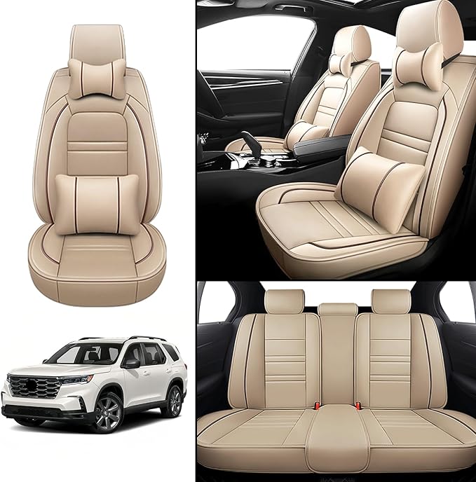 Car Seat Covers for Honda Pilot 2003-2025 | 5-Seats Seat Covers, Waterproof Seat Protectors, Automotive Seat Covers (Full Set with Pillow,Beige)