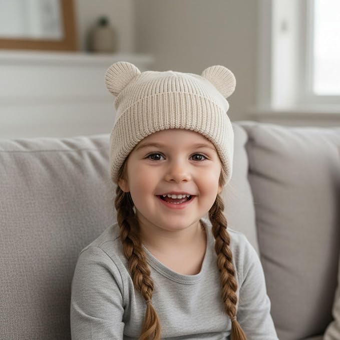 Hadetoto Cotton Baby Beanie Winter Knitted Hat, 2 Pack | Bear Ear Design - Image 2