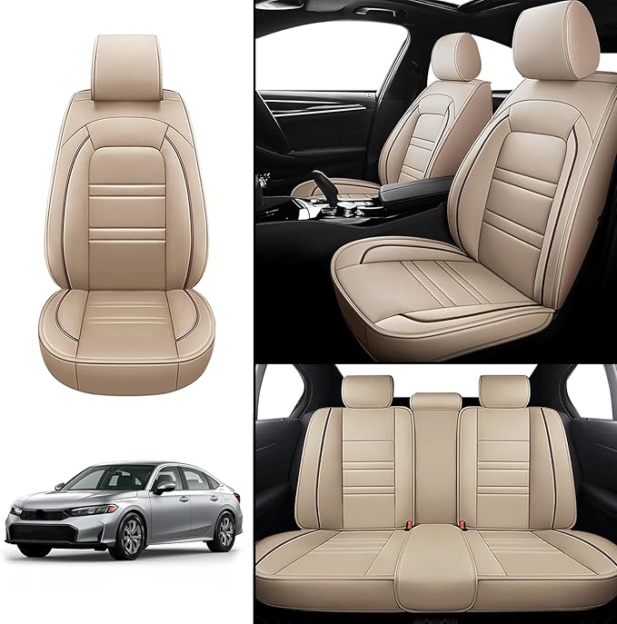 Seat Covers for Honda Civic 2001-2025 | 5-Seats Leather Seat Covers, Easy to Install Automotive Seat Covers Full Set (Full Set, Beige)