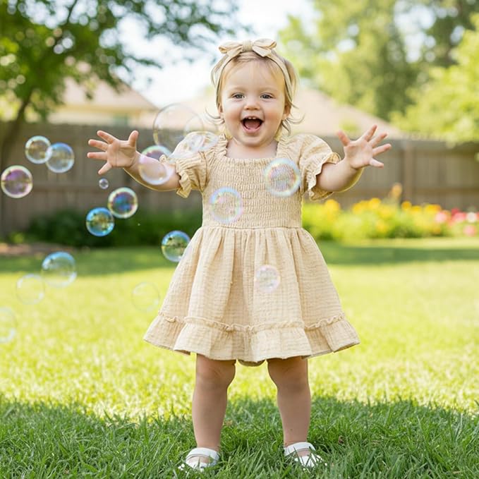 GRNSHTS Baby Girl Romper Dress, Puff Sleeve Smocked Outfit - Image 3