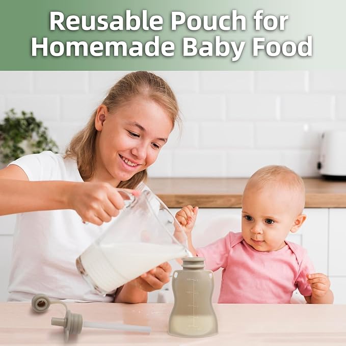 Reusable Baby Food Pouches, 4 Pack with Straw Squeezable Pouches for Toddlers, BPA-Free, Refillable Silicone Baby Food Storage Containers, 5 oz