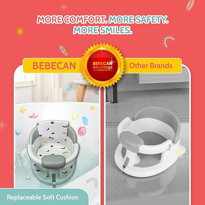 Non-Slip Baby Bath Seats 6-12 Months, Toddler Bathtub Chair with Washable Cusion, Cap Brush & Shower Mug, Infant Chair Comfortable Baby Bath Support for Safe Bathing & Sit Up Bathtub Support
