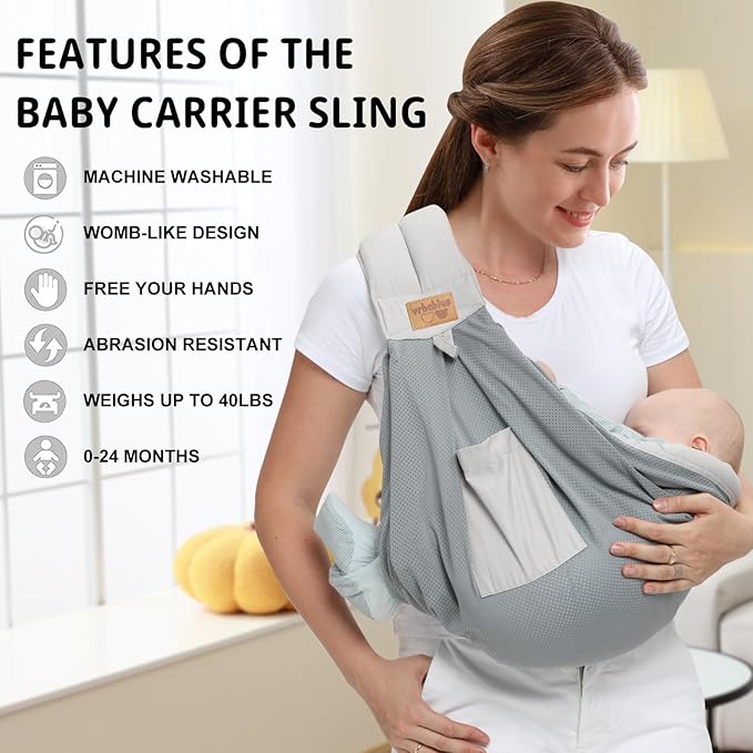 Baby Sling Carrier Newborn, Adjustable Easy Wearing Baby Nursing Warp Sling, New Mom Dad Soft Cotton Baby Front Holder Carrier for Infant Toddler Life Travel Essential Gifts (Mesh Grey)