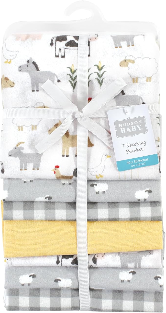 Hudson Baby Unisex Baby Cotton Poly Flannel Receiving Blankets Bundle, Cute Farm - Image 2