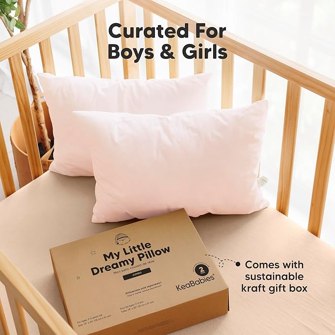 KeaBabies 2-Pack Toddler Pillow 14x20 - Soft Organic Cotton Kids Travel Bed Pillows for Sleeping, School, Nap, Machine Washable, Toddlers 2 to 5, Pillowcase Sold Separately (Mist Pink)