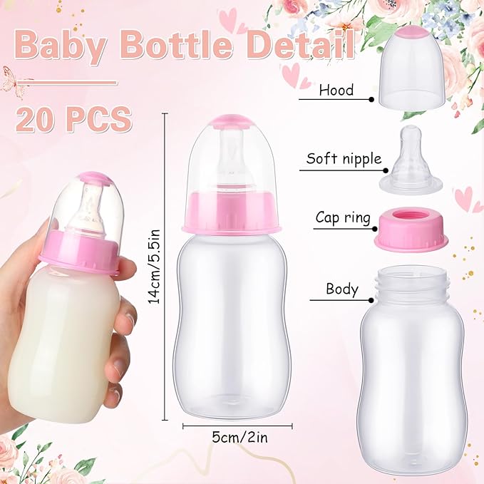 TrelaCo Bottle Chug Baby Shower Game 20 Pcs Baby Bottles Shower Favor with 1 Flowers Theme Sign for Gender Reveal Party Supplies Gifts(Pink)