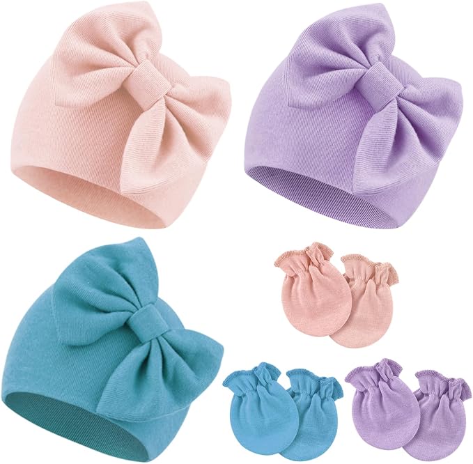 Newborn Baby Hats and Mittens Set Infant Bow Beanie Cap Toddler Gloves Newborn by AQOKKA