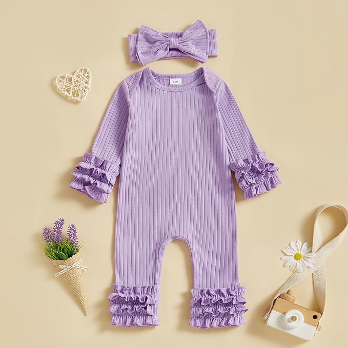 Newborn Baby Girl Clothes Jumpsuit Ruffle Romper Bodysuit Pants Headband - Image 2