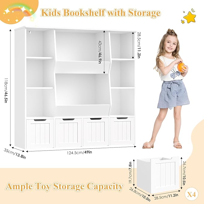 FINETONES Toy Organizers and Storage with 4 Movable Drawers, Large Toy Storage Organizer with 8 Open Storage Cubbies, Kids Bookshelf and Toy Storage with Hidden Wheels for Playroom, Kids Room,White