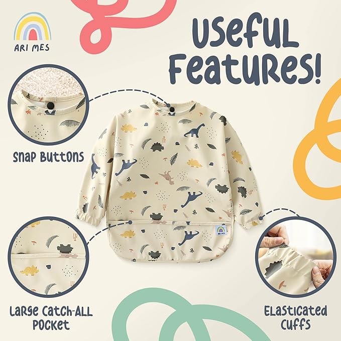 ARI MES Long Sleeves Waterproof Baby Bibs for Eating - Yellow Stripes, Large- Wearable, Coverall for Toddler, Long Sleeve Bib, Smock Apron for Feeding - Applicable for 6-72 Months