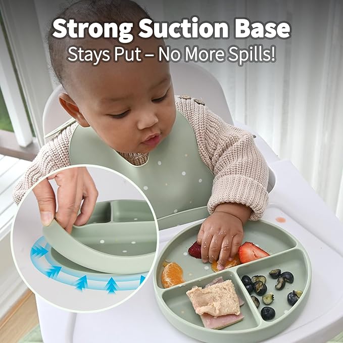 Little Rawr Baby Led Weaning Bundle, 100% Silicone Baby Feeding Set Includes Divided Plate, Suction Bowl, Straw Cup, Bib, Spoon & Fork, Develops Self Feeding Skills, Dishwasher Safe (Purple)