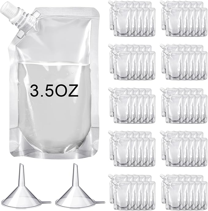 Meanplan 100 Pcs Plastic Pouches Bulk Reusable Squeeze Pouches Clear Plastic Juice Leak Proof Bags with Funnel for Party Favors Supplies(3.5 oz,Inclined Mouth)