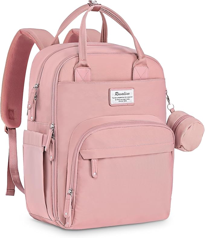 RUVALINO Diaper Bag Backpack, Multifunction Travel Back Pack for Girls, Maternity Baby Changing Bags with Changing Pad for Mom, Large Capacity, Waterproof and Stylish, Pink