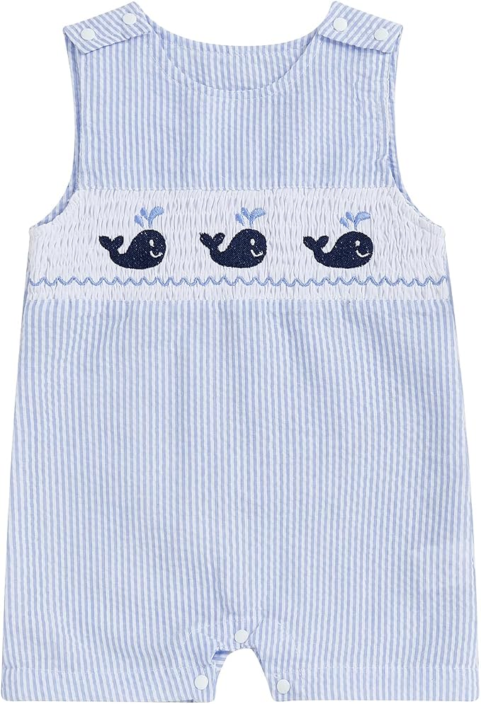 Newborn Baby Boys Sleeveless Seersucker Romper One Piece Straps Overalls by Arvbitana