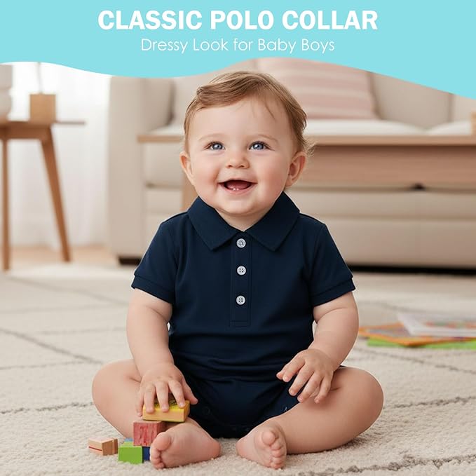 DEFAHN Baby Boy Polo Romper Short Sleeve Collared One-Piece Outfit 0-24M - Image 5
