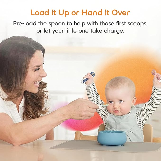 NumNum Baby Spoons Set, Baby Essentials Pre-Spoon GOOtensils for 6+ Months, First Stage Self-Feeding Spoons for Baby Led Weaning (BLW), Silicone Toddler Utensils, BPA-Free, 2 Pack Red/Yellow