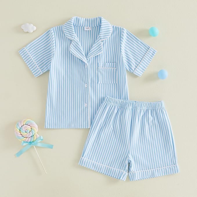 FULA-bao Toddler Baby Boy Girl Cotton Pajamas Set Striped Short Sleeve Button - Image 3