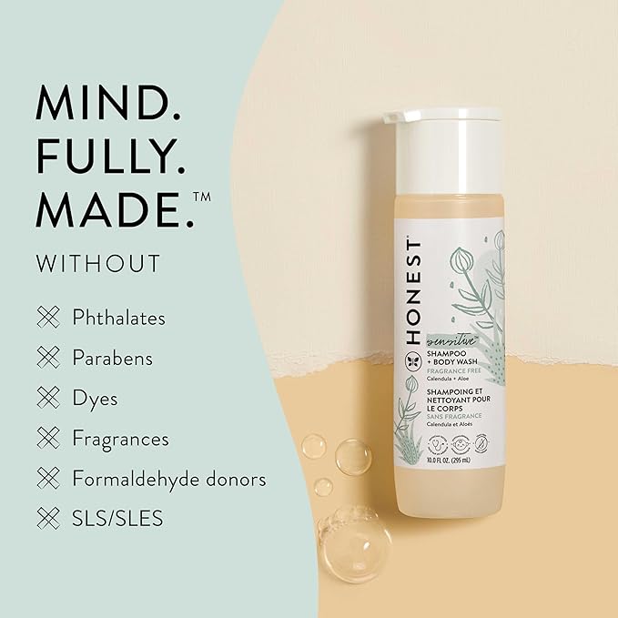 The Honest Company 2-in-1 Cleansing Shampoo and Body Wash for Sensitive Skin, Gentle Tear-Free Hypoallergenic Baby Wash with Naturally Derived Ingredients, Fragrance-Free, 10 fl oz