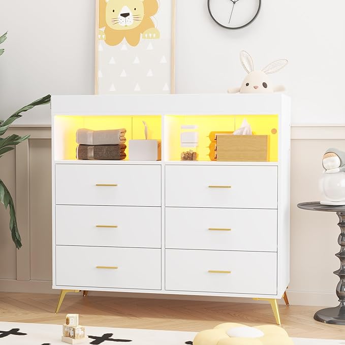 Changing Table Dresser with Drawers, Baby Dresser with Changing Table Top, Power Outlet, LED Light & Metal Feet, Diaper Changing Station Nursery Organizer for Infants Newborn, White