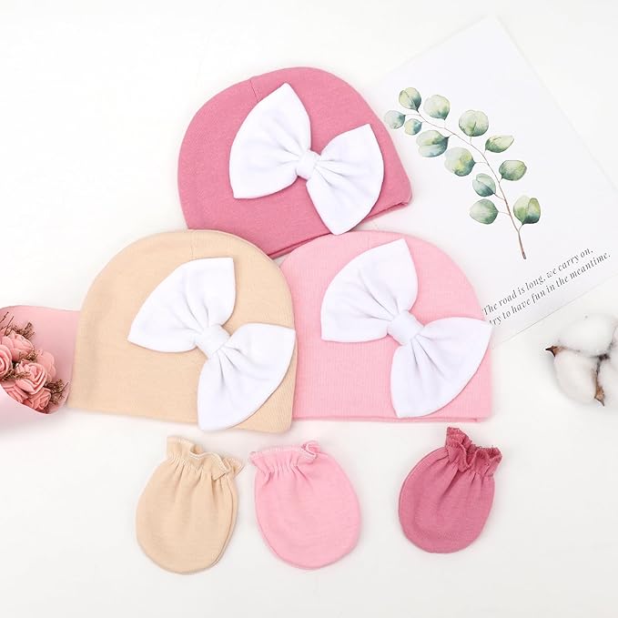 BQUBO Newborn Baby Girls Hats Mittens Set Hospital Hat Beanie Infant Bow Hats Baby Cotton Gloves for 0-6 Months