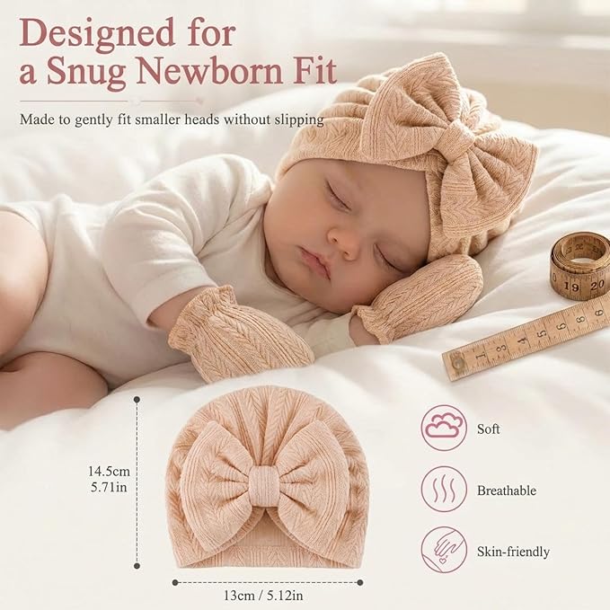 8 Sets Newborn Baby Girl Bow Hats and Mittens Turban Beanies 0-3M | Cotton - Image 5