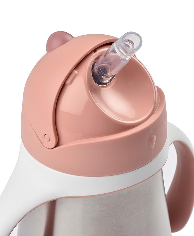 BEABA Stainless Steel Straw Sippy Cup, Insulated Toddler Cups Spill Proof with Removable Handles, Made with High Grade Stainless Steel, 8+ months, 8.5 oz, Rose