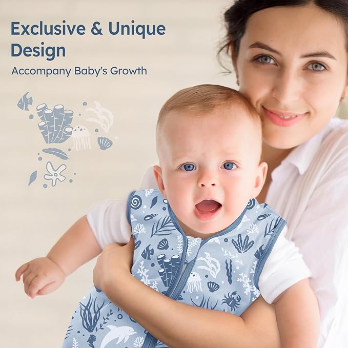 Baby Sleep Sack 6-12 Months 100% Cotton Lightweight 0.5 TOG Wearable Blanket Baby Sleep Bag with 2-Way Zipper for Newborn Infant Blue Dolphin