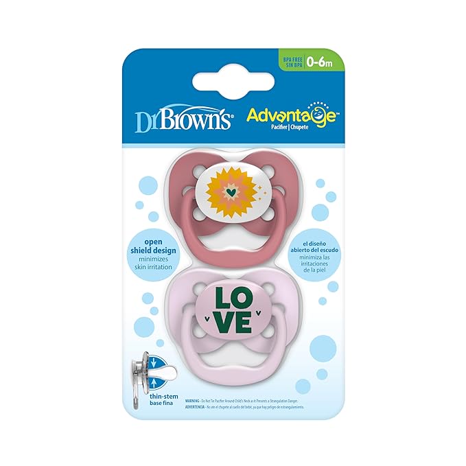 Dr. Brown's Advantage Baby Pacifier, Fully Symmetrical Soother with Soft Silicone Bulb, Lavender Love, 0-6m, BPA Free, 2 Pack
