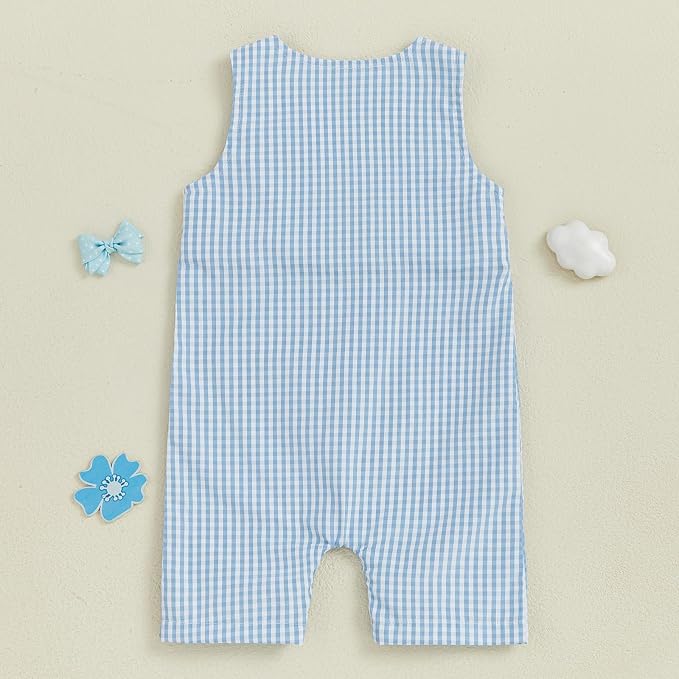 Newborn Baby Boys Sleeveless Seersucker Romper One Piece Straps Overalls - Image 3