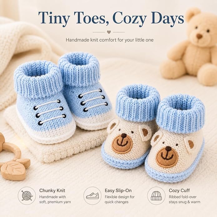 2 Pairs Baby Booties Newborn First Walkers Cozy Shoes Warm Knit Soft Booties - Image 5