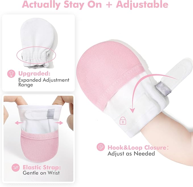 Baby Newborn No Scratch Mittens Stay On, 100% Cotton Adjustable 0-12M | Soft - Image 3